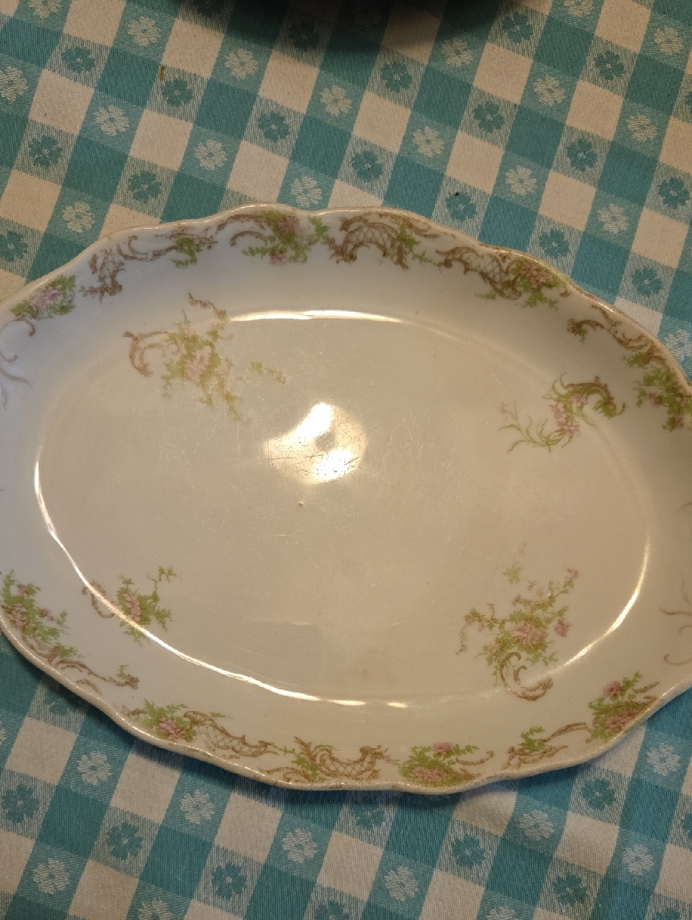 White Porcelain Serving Platter with Pink Floral & Gold Scroll Trim